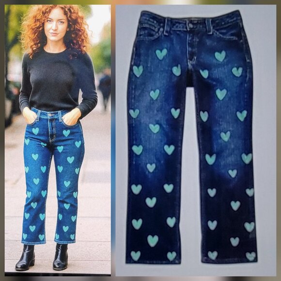 Vintage GAP Upcycled Ankle Boot Cropped Jeans with Painted Hearts Retro Y2K - Picture 1 of 8